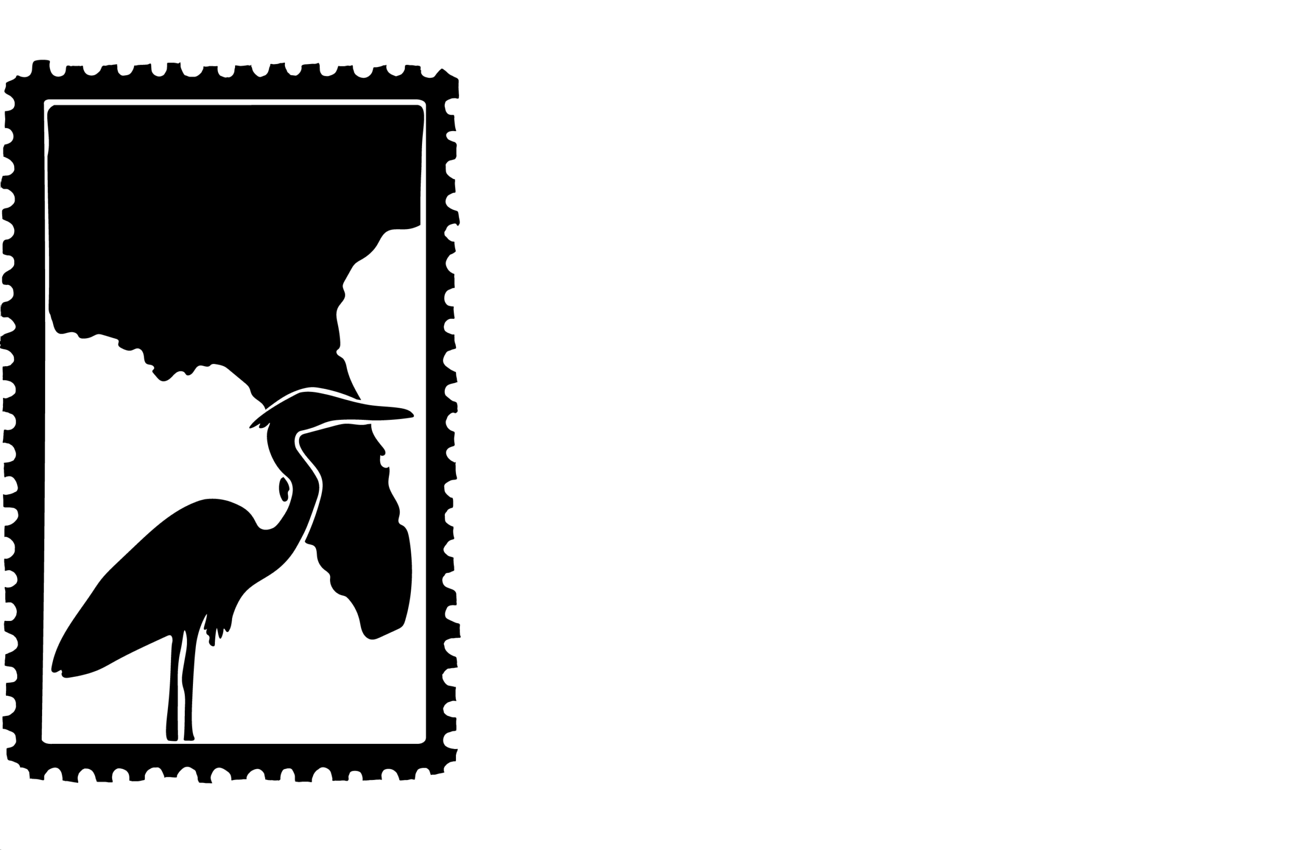 Black and white silhouette resembling a postage stamp, featuring a bird that looks like a heron in profile with the outline of the state of Florida behind it.