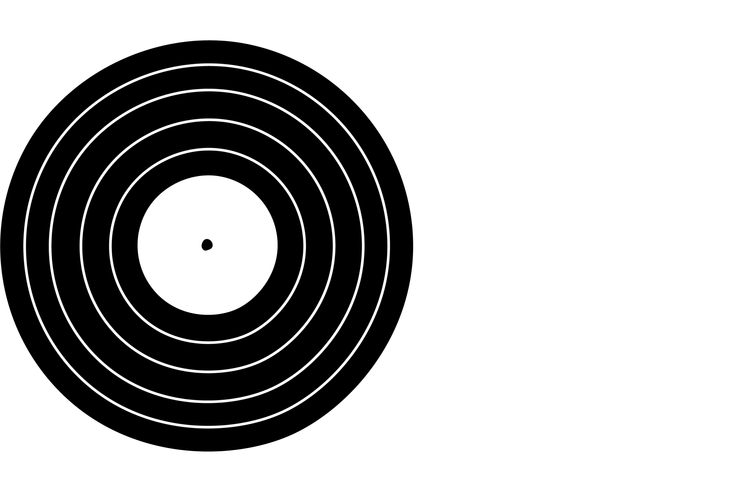 Black and white silhouette of a circular object with multiple concentric rings and a small center dot, resembling a vinyl record.