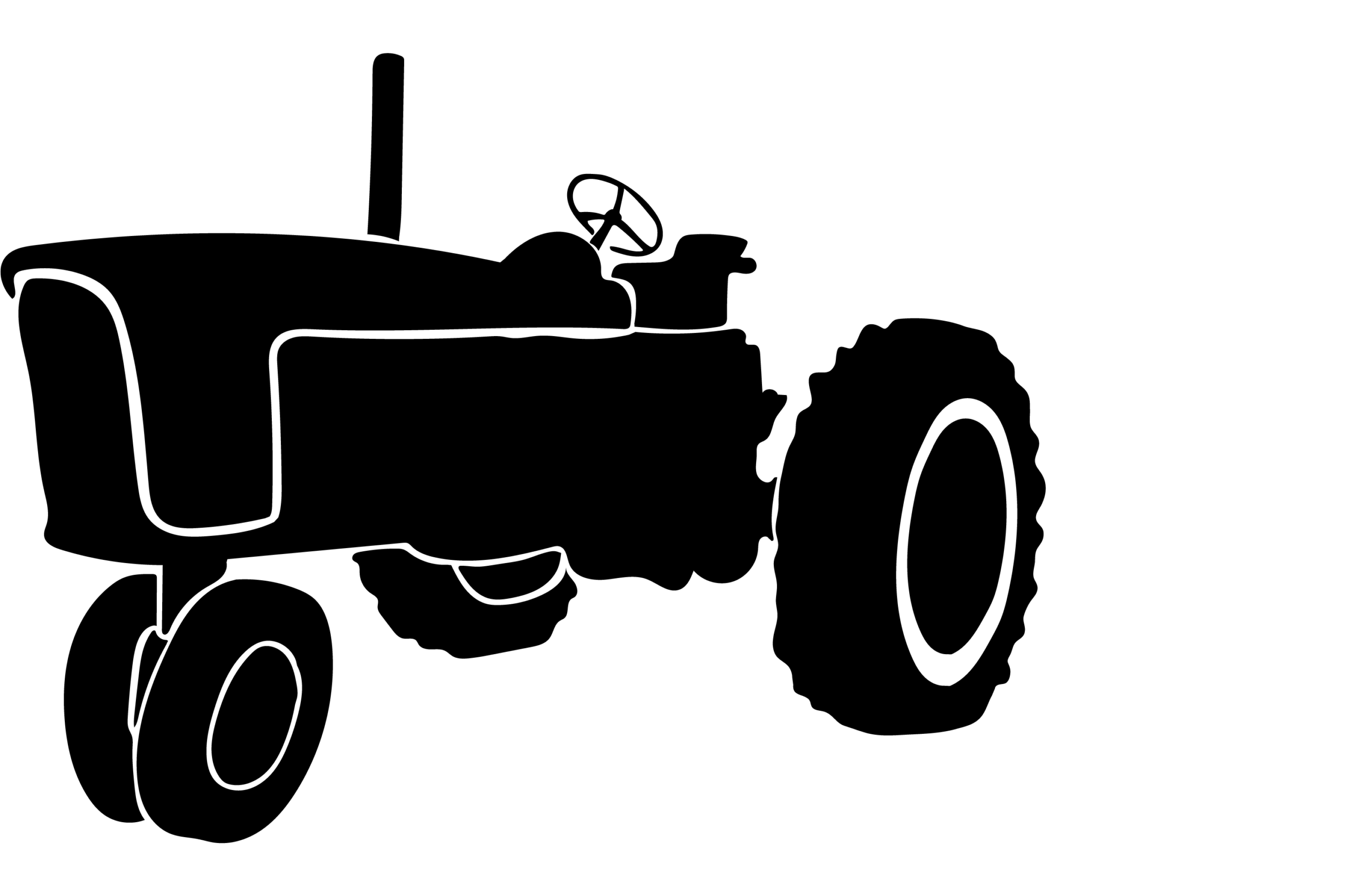 Black and white silhouette of a farm tractor shown in profile, with large rear wheels, smaller front wheels, and a steering wheel visible.