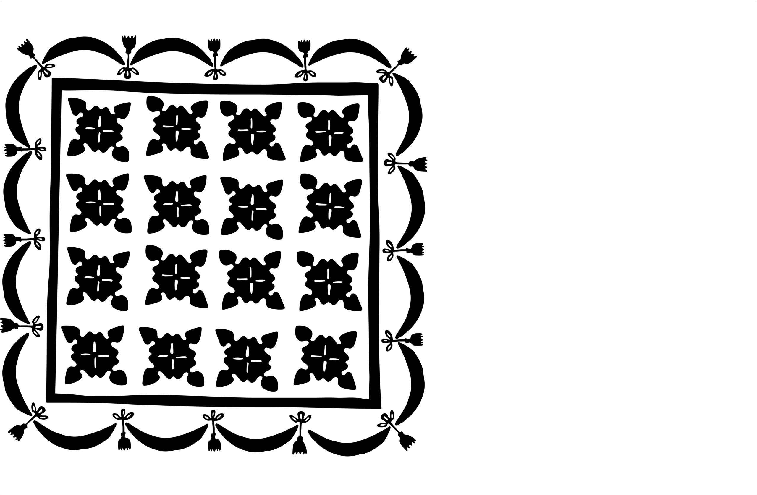 Black and white silhouette of a decorative quilt-like pattern featuring a grid of repeated floral or butterfly-shaped motifs, surrounded by a bordered Fram with a ribbon and tassel details.