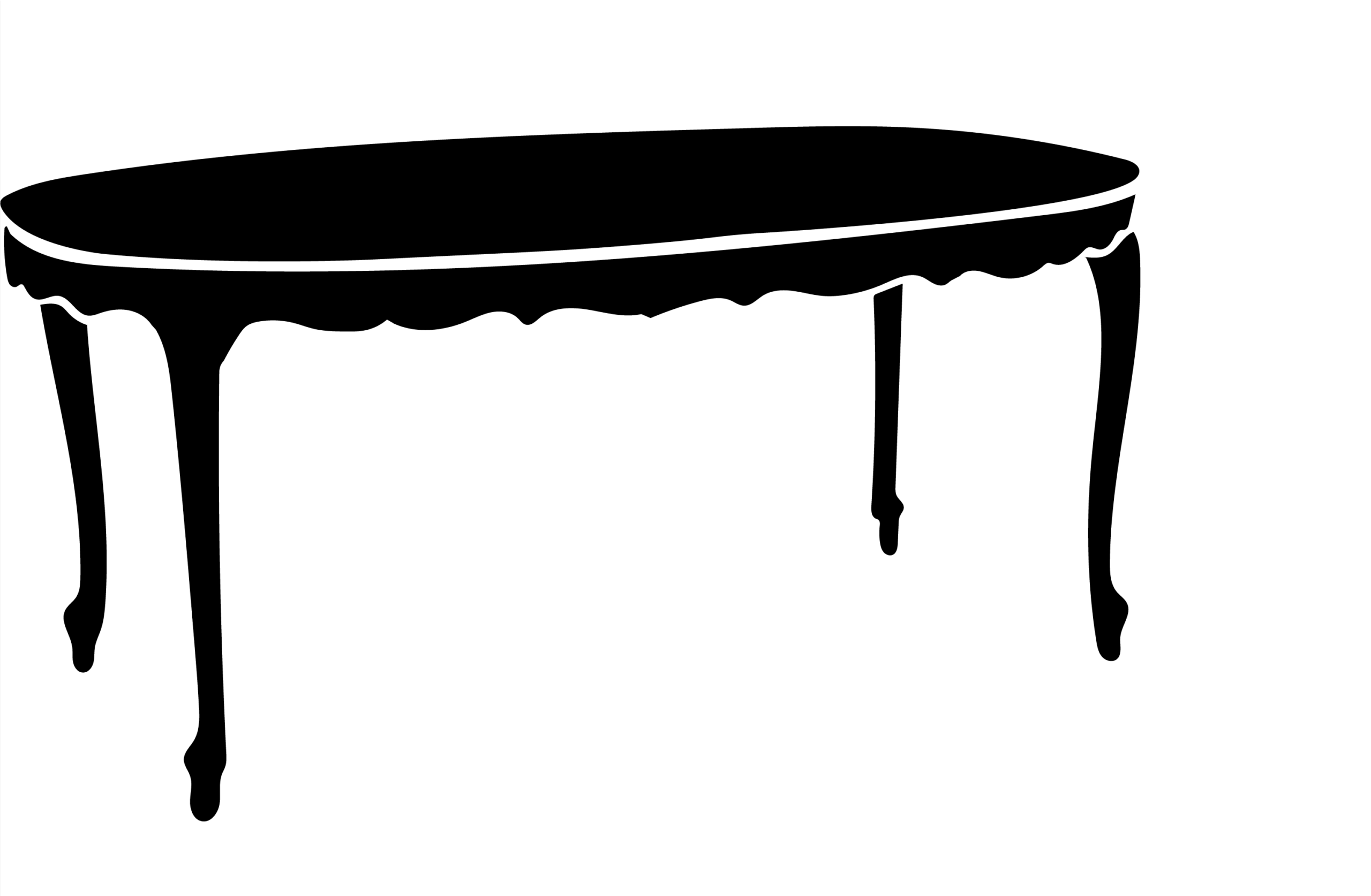 Black and white silhouette of an oval table with four slender, curved legs.