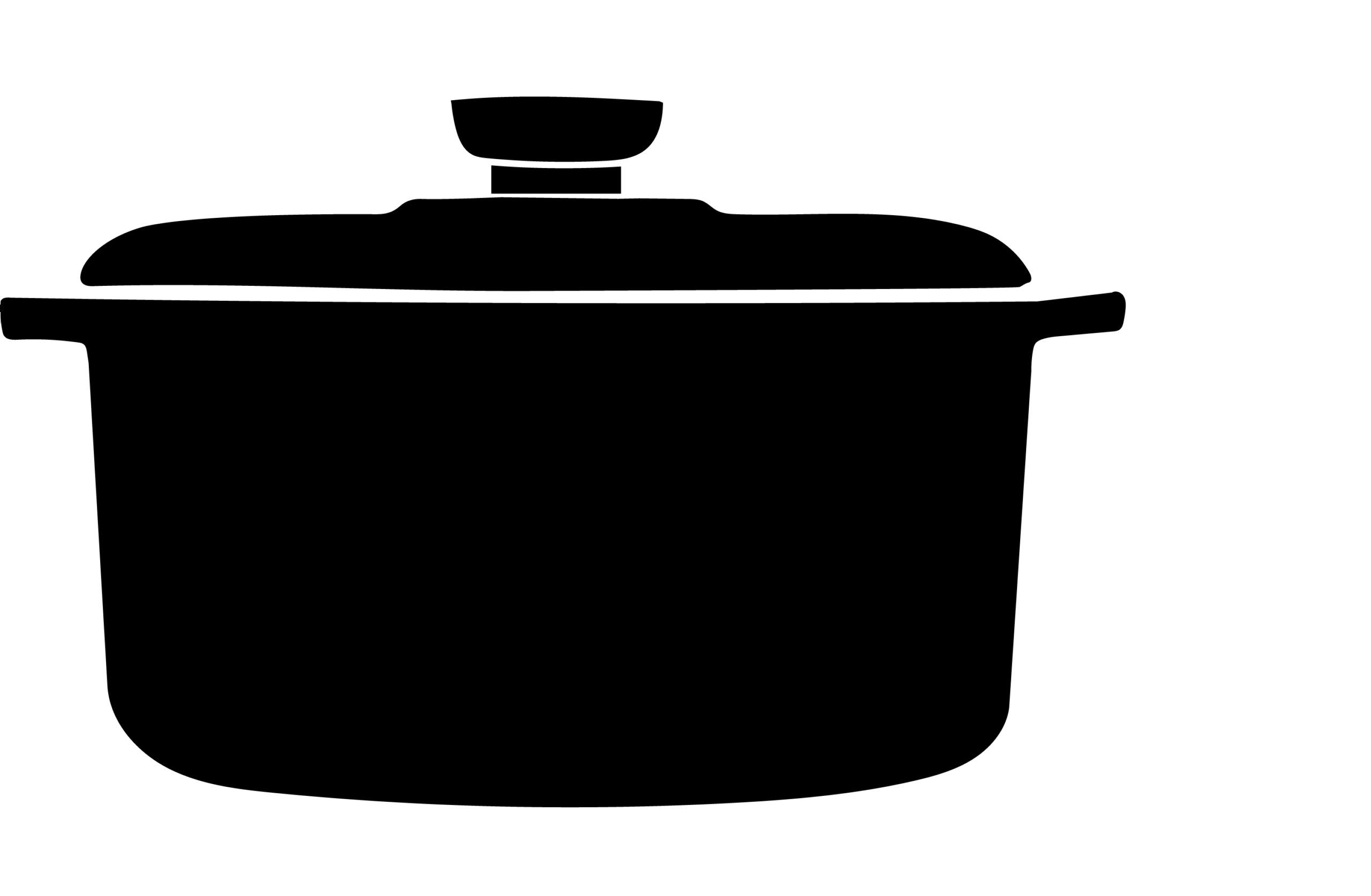 Black and white silhouette of a large lidded cooking pot with side handles.