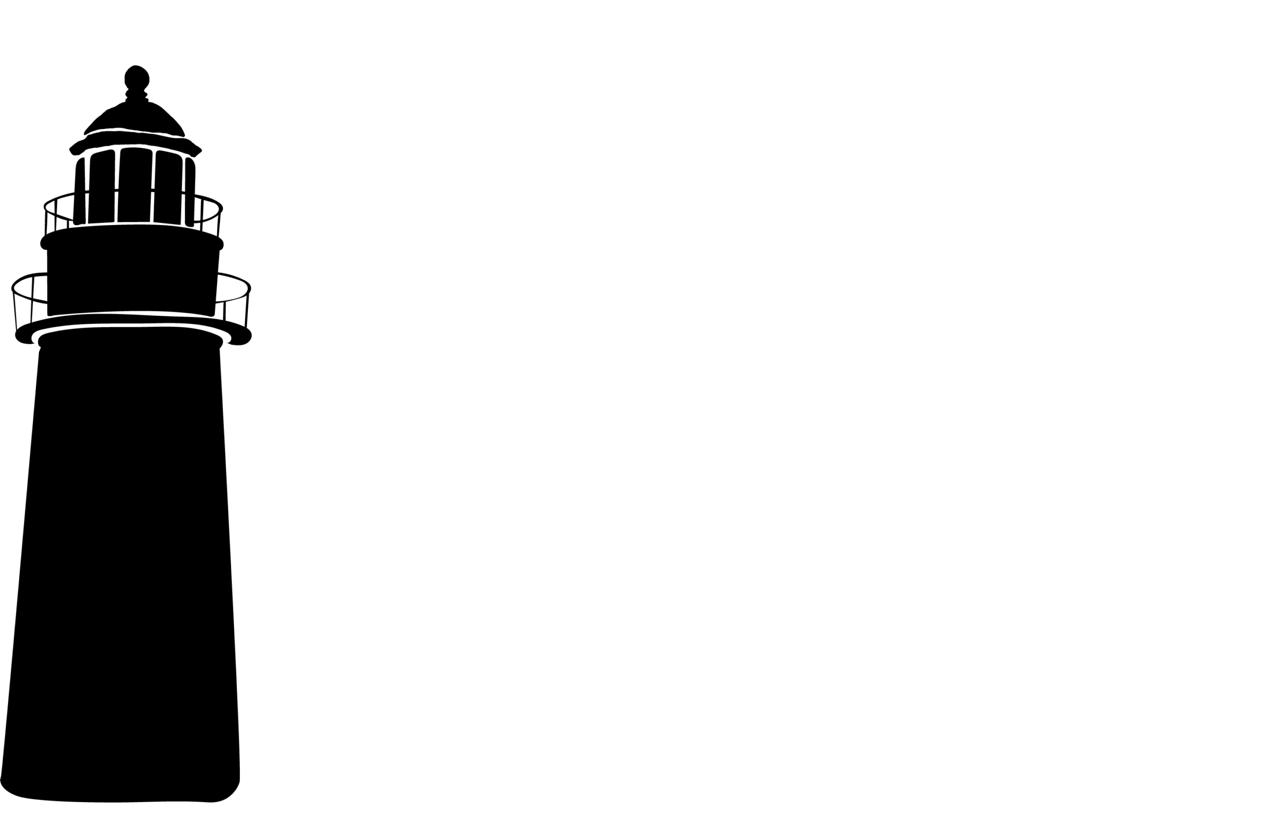 Black and white silhouette of a tall lighthouse with a circular lantern room and surrounding railing.
