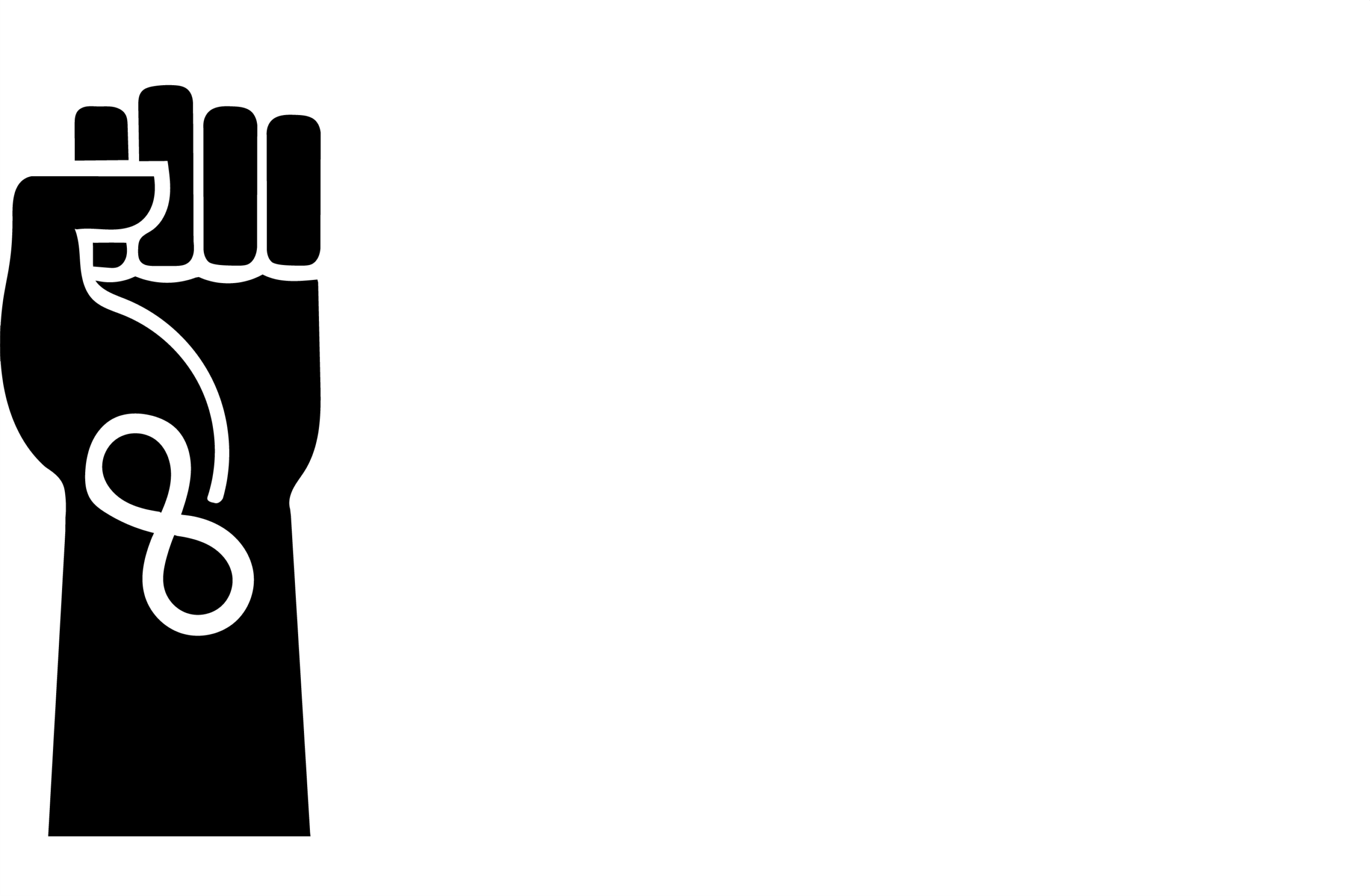 Black and white silhouette of a raised clenched fist with a white line forming an infinity symbol inside the arm.