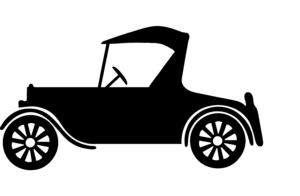 Black and white silhouette of an early automobile with an open cabin, thin wheels, and a simple steering wheel, shown in profile.