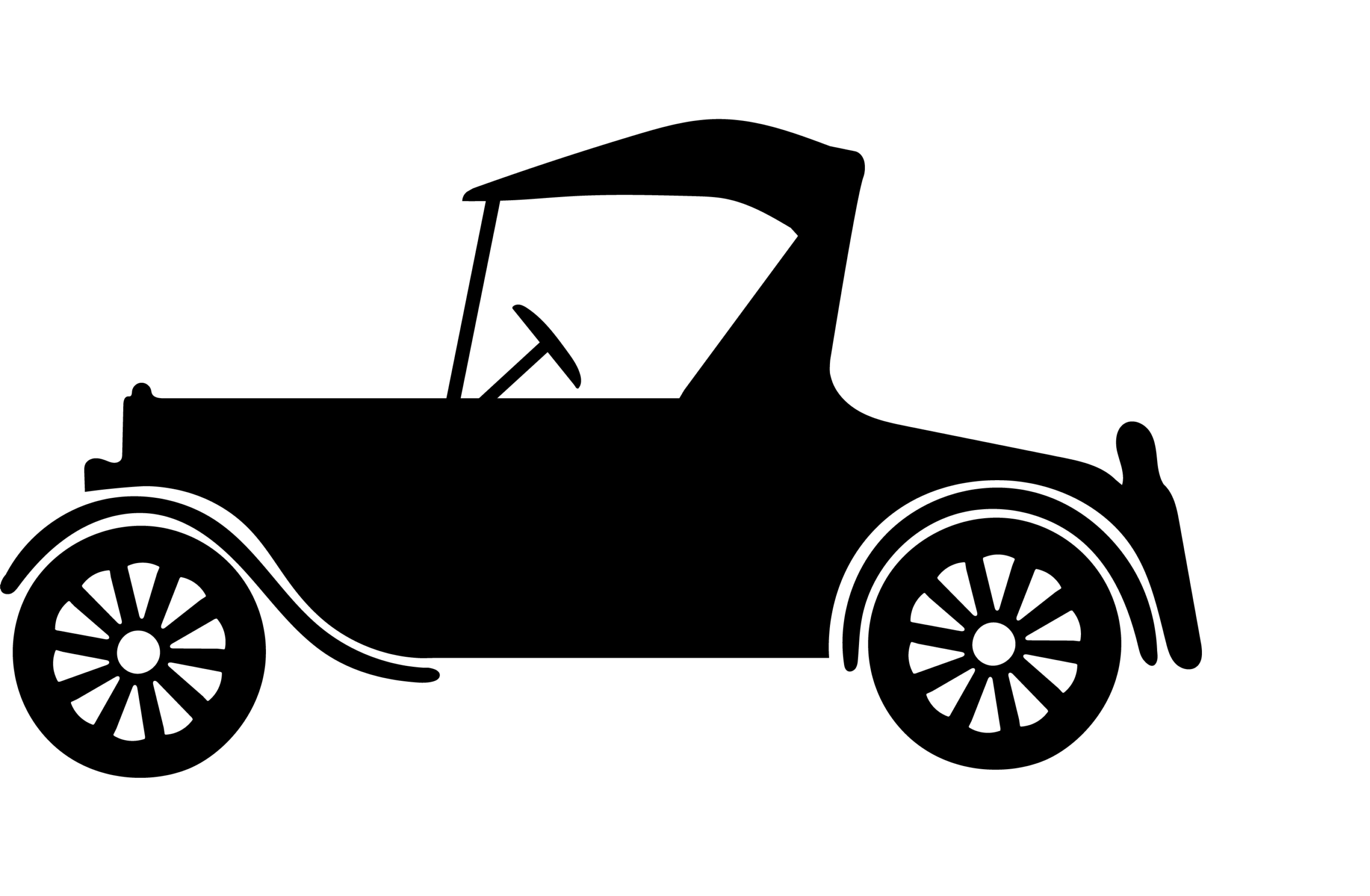 Black and white silhouette of an early automobile with an open cabin, thin wheels, and a simple steering wheel, shown in profile.