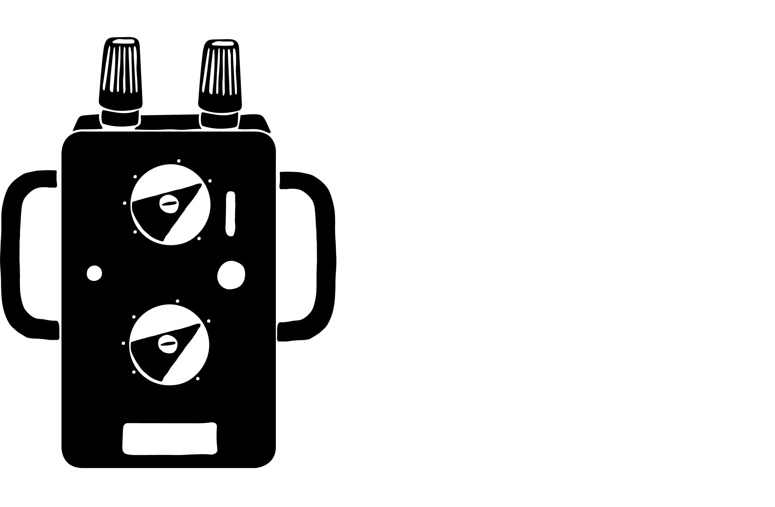 Black and white silhouette of a boxy electronic device with two dials on the front, knows on top, and side handles.