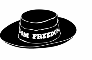 Black and white silhouette of a wide-brimmed hat with a band around the crown that reads, “FREEDOM”.