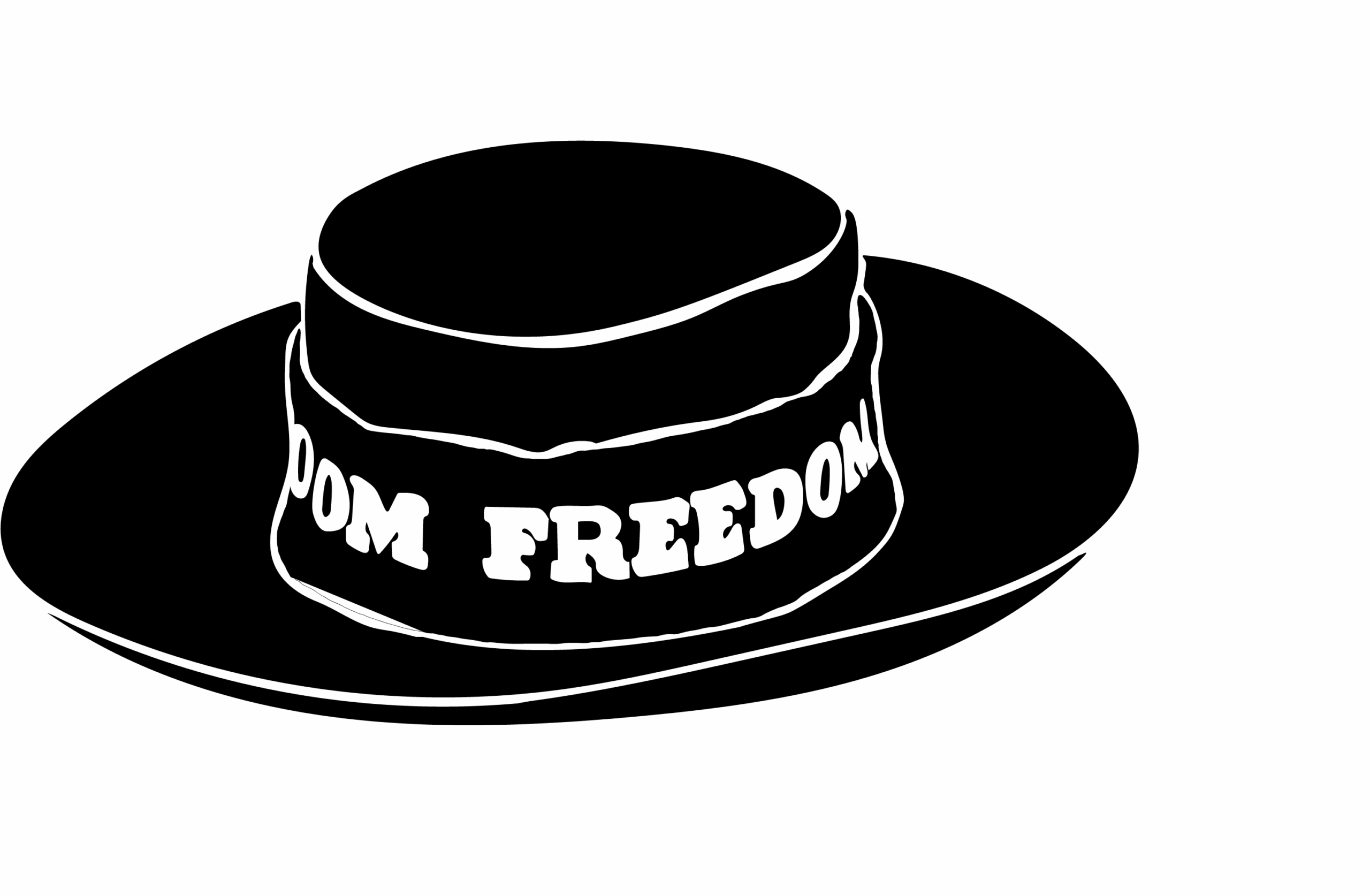 Black and white silhouette of a wide-brimmed hat with a band around the crown that reads, “FREEDOM”.
