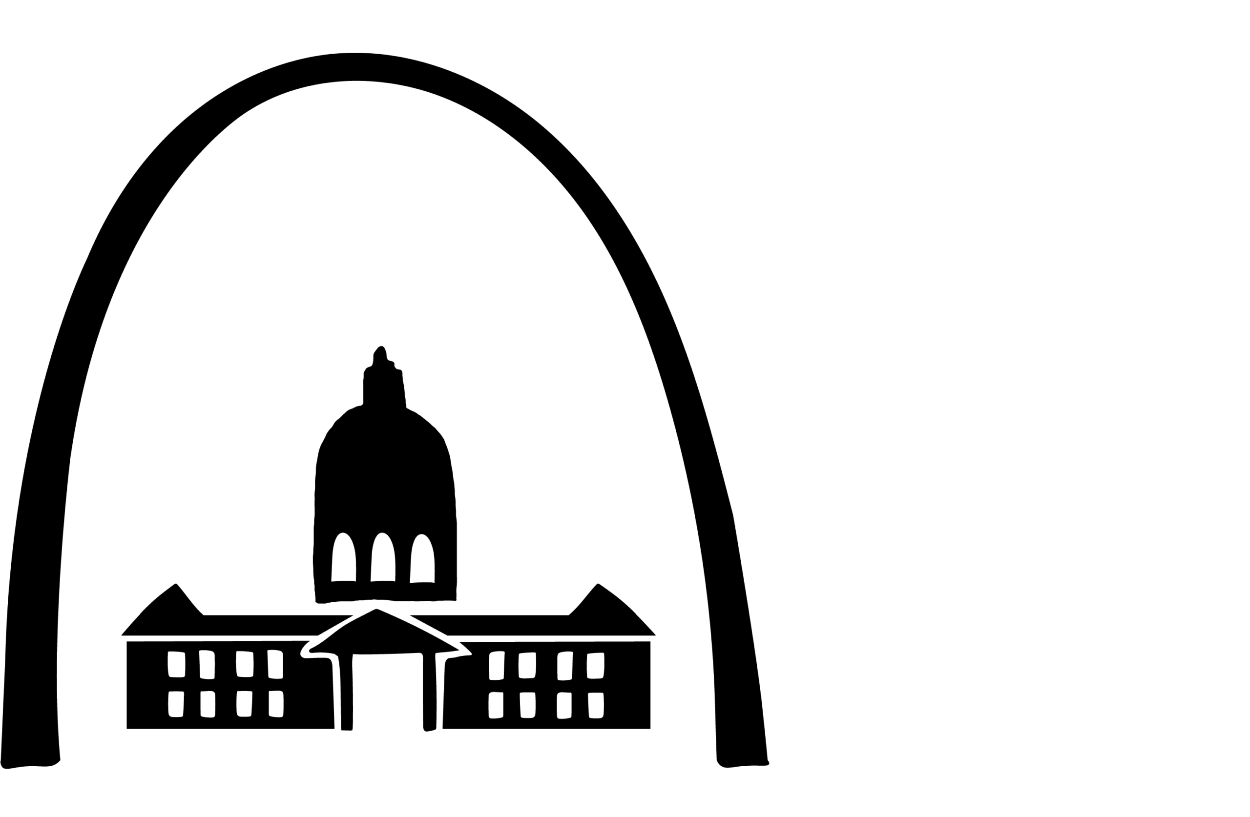 Black and white silhouette of a domed building framed beneath a large arch.