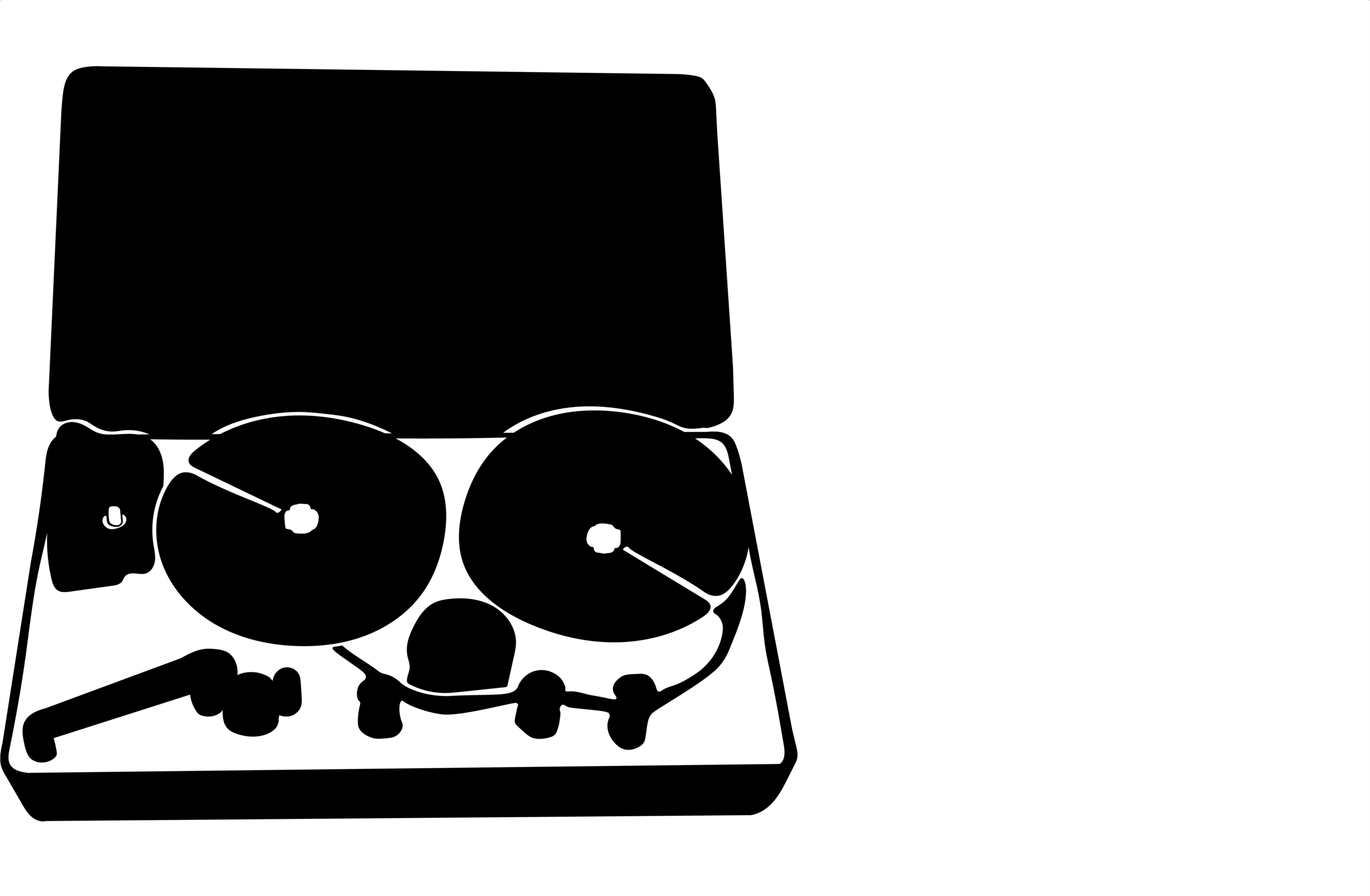 Black and white silhouette of an open case containing vintage reel to reel audio recorder with two large circular reels and control knobs.