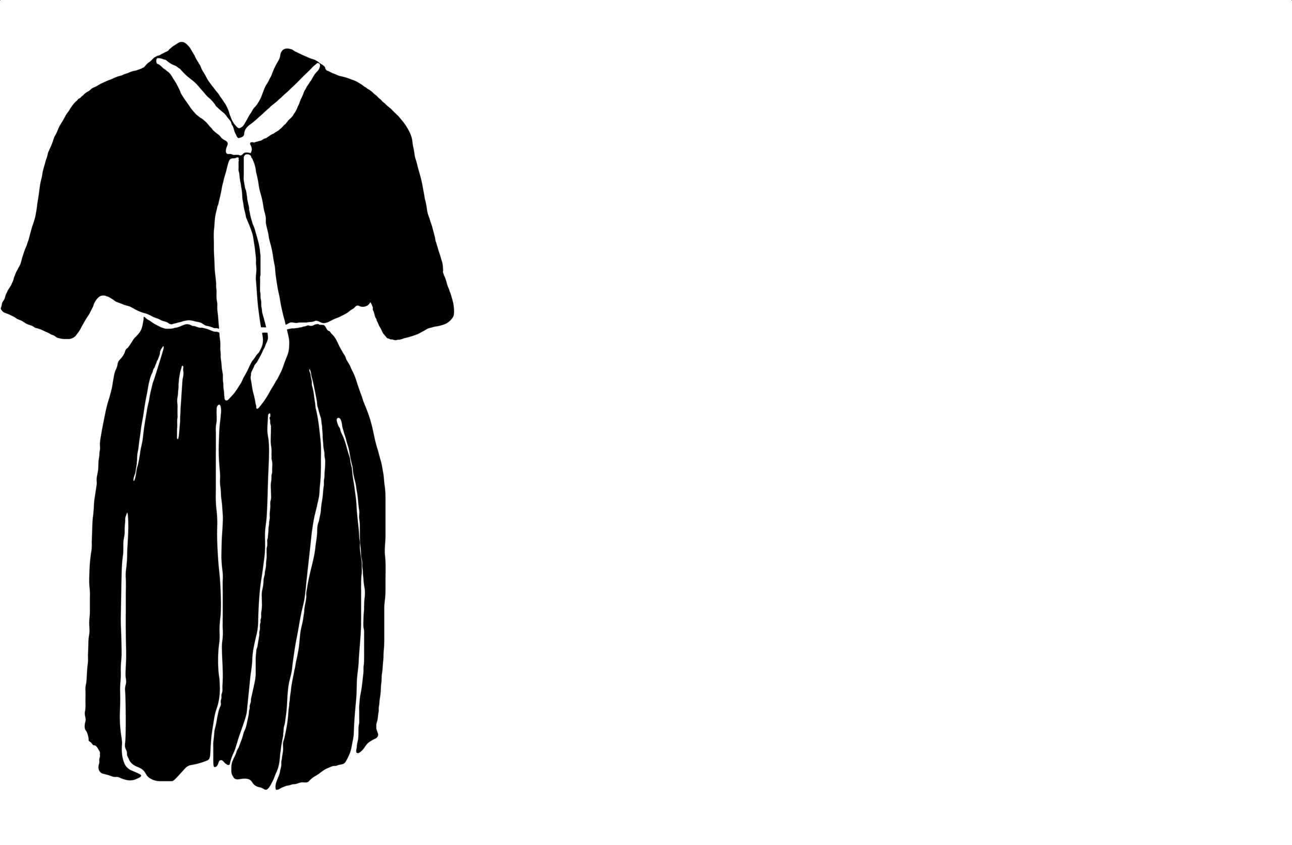 Black and white silhouette of a two piece outfit consisting of a short sleeved blouse with a tied neck scarf and a long pleated skirt or trousers.