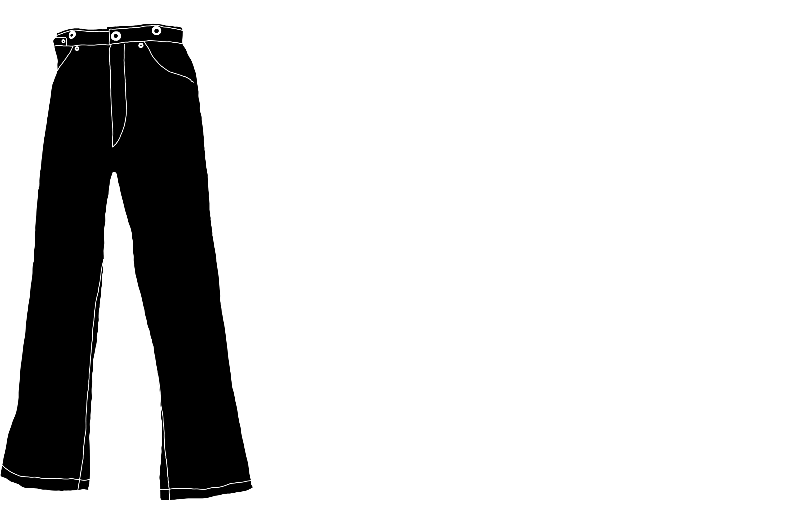 Black and white silhouette of a pair of jeans with wide legs, belt loops, and front pockets.