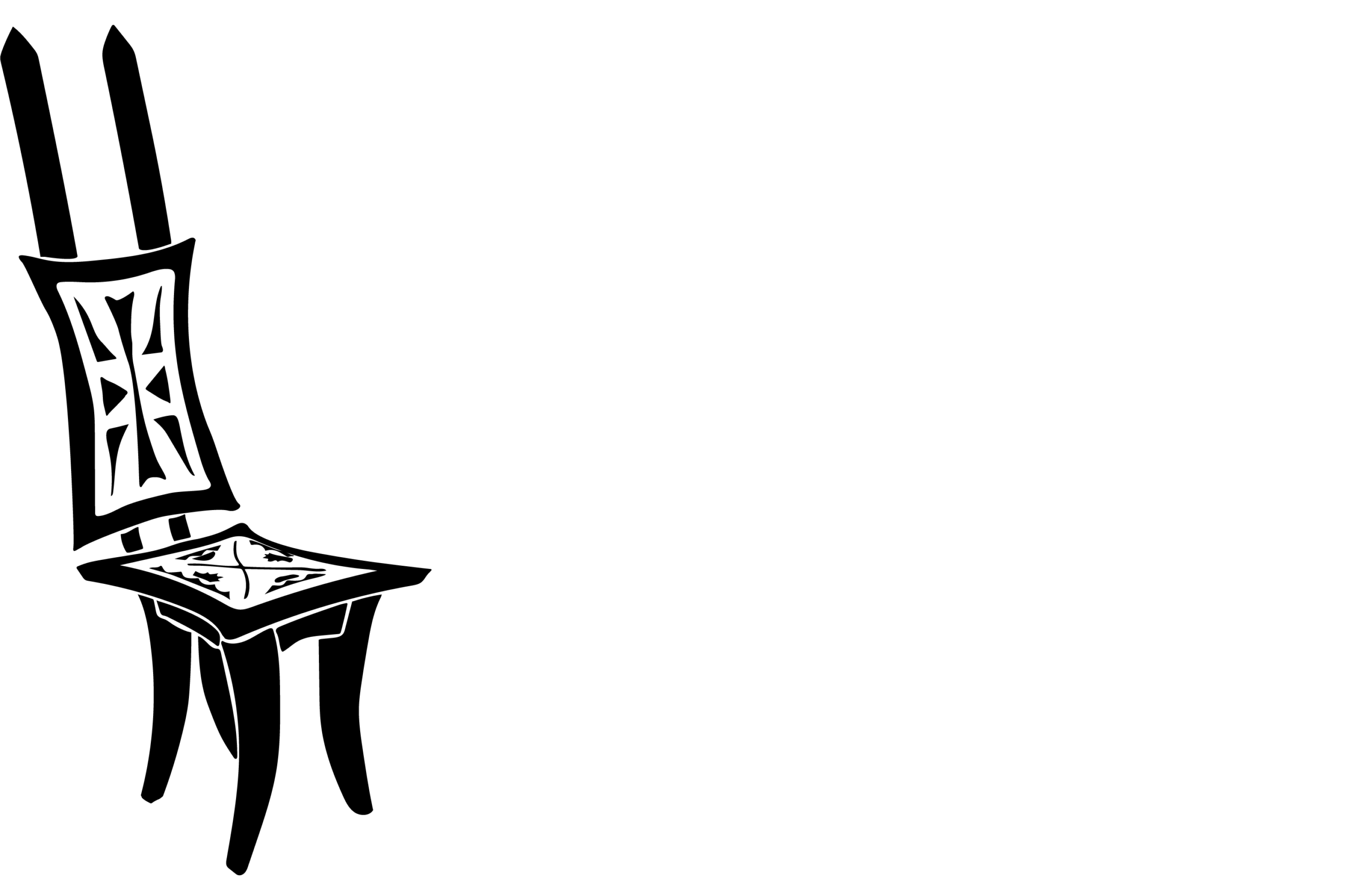 Black and white silhouette of a tall, narrow wooden chair with a high back, decorative cutout patterns, and slender legs.
