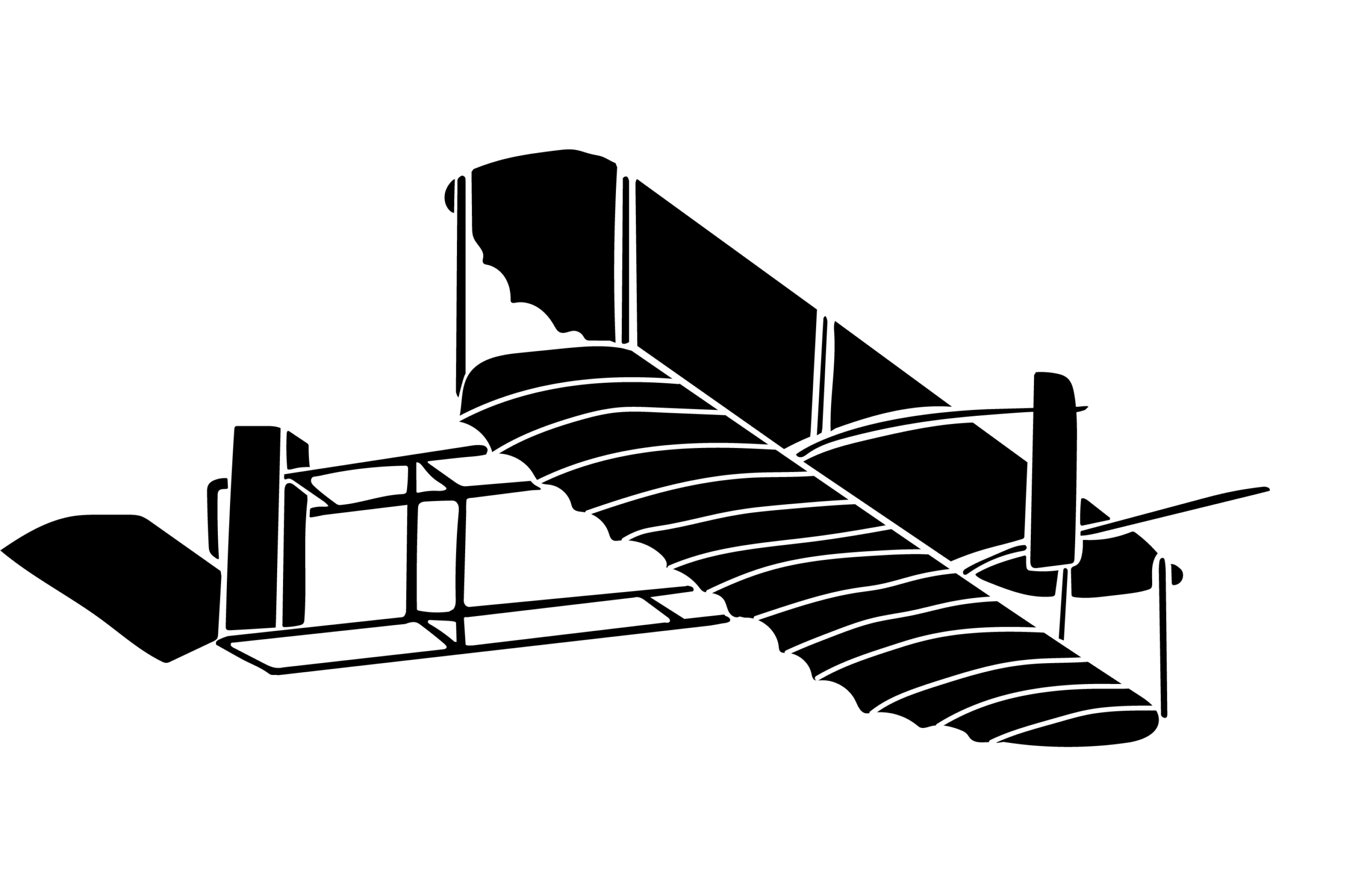Black and white silhouette of an early airplane with a single wing, exposed framework, and propeller.