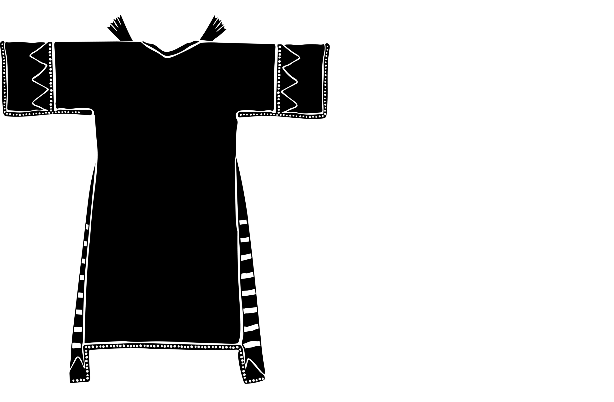 Black and white silhouette of a long traditional dress with short sleeves, decorative trim along the edges and patterned side panels.
