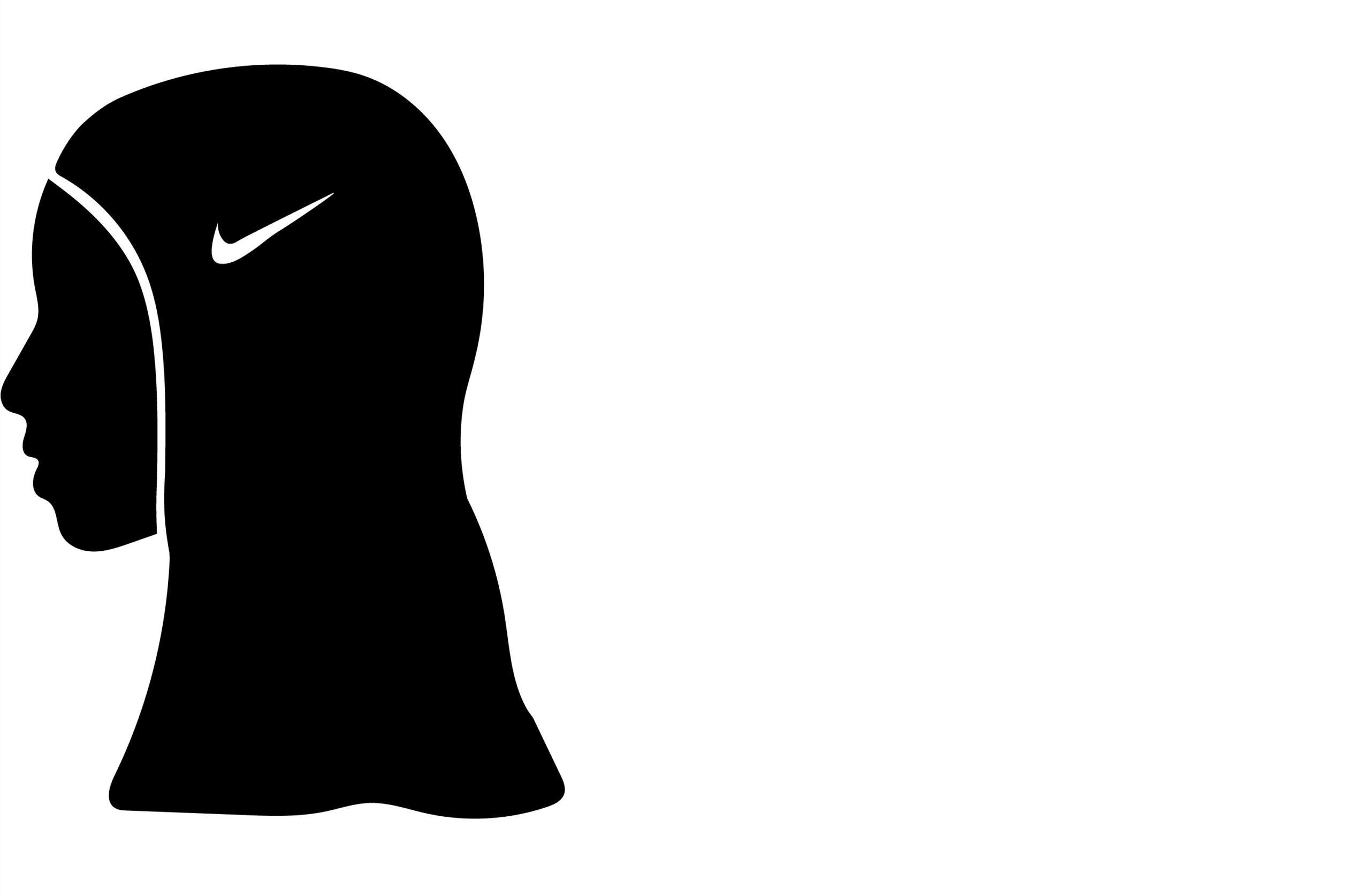 Black and white silhouette of a hooded head in profile facing left, with a small nike logo mark on the side of the hood.