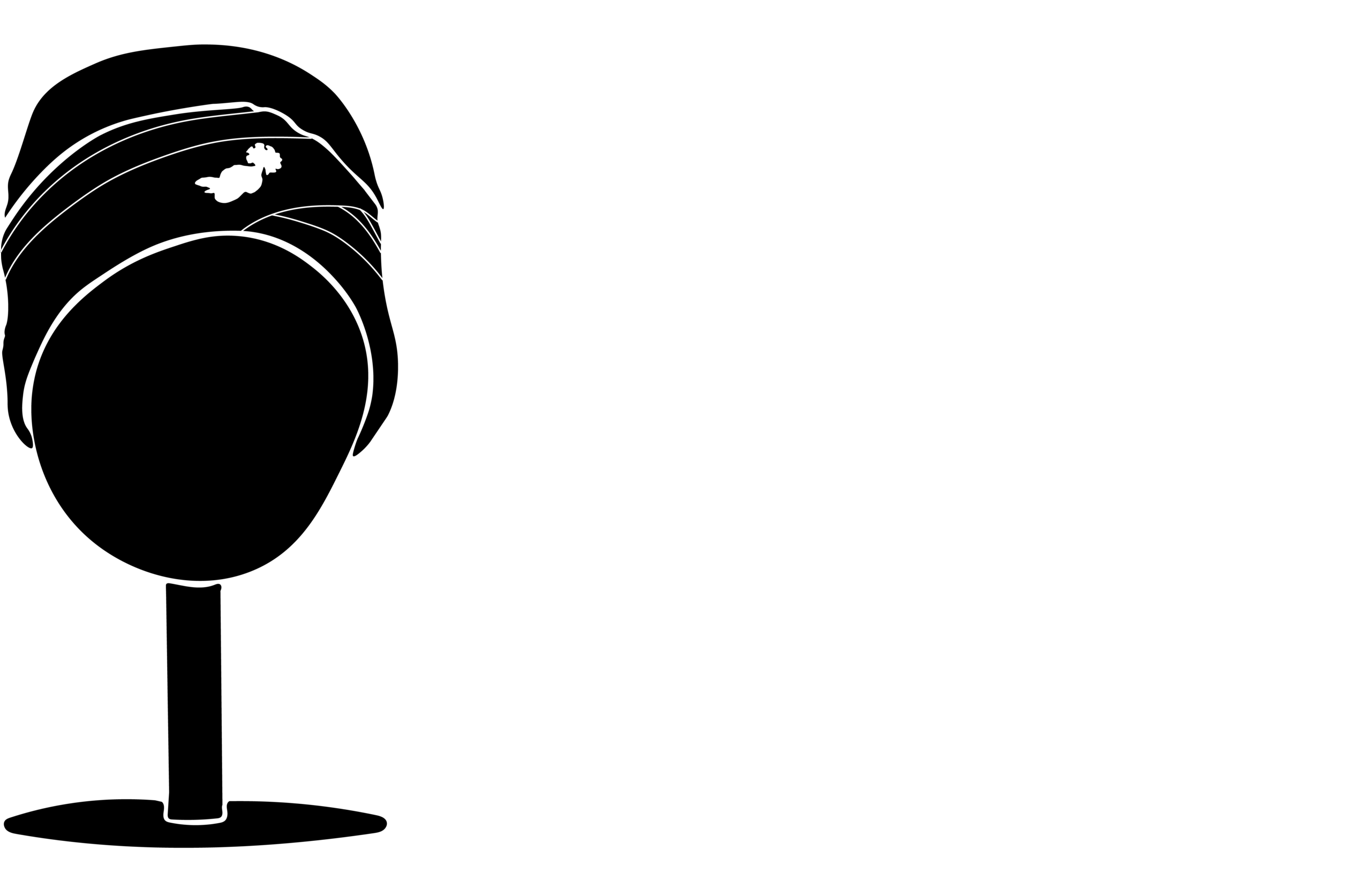 Black and white silhouette of a mannequin head on a stand wearing a wrapped headscarf or turban.