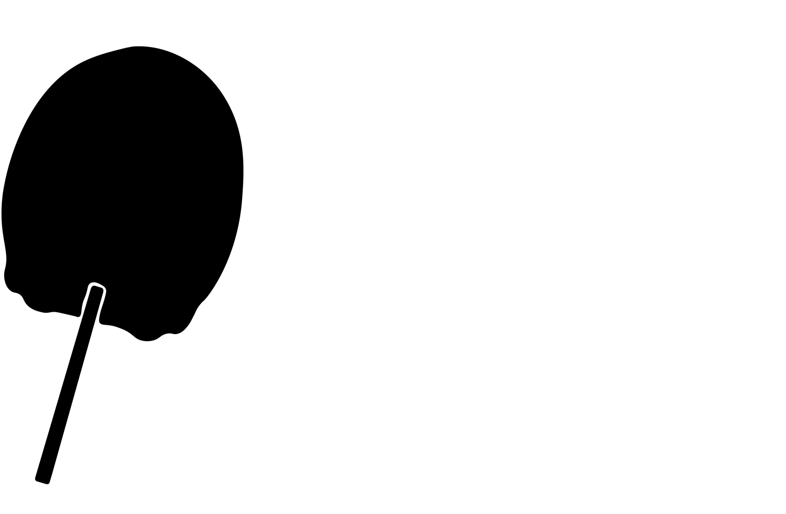 Black and white silhouette of a rounded hand held fan on a stick.