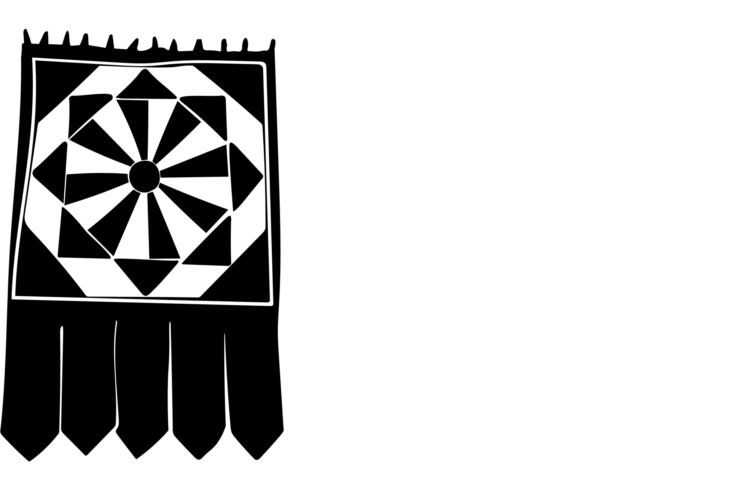 Black and white silhouette of a decorative textile panel featuring geometric starburst pattern within a square border, with long rectangular fringe hanging from the bottom.