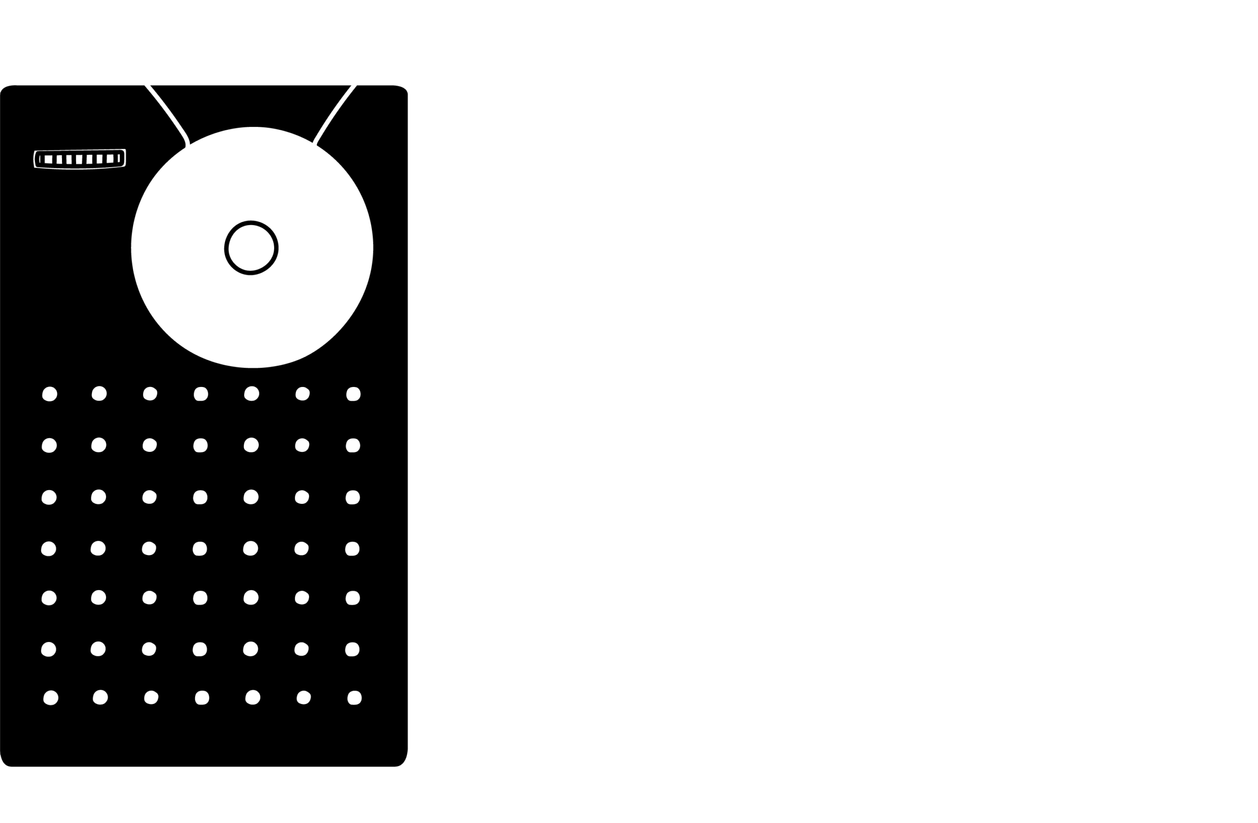 Black and white silhouette of a rectangular handheld radio or walkie-talkie with a large circular speaker near the top, small buttons arranged in a grid below, and two short antenna lines extending upward.