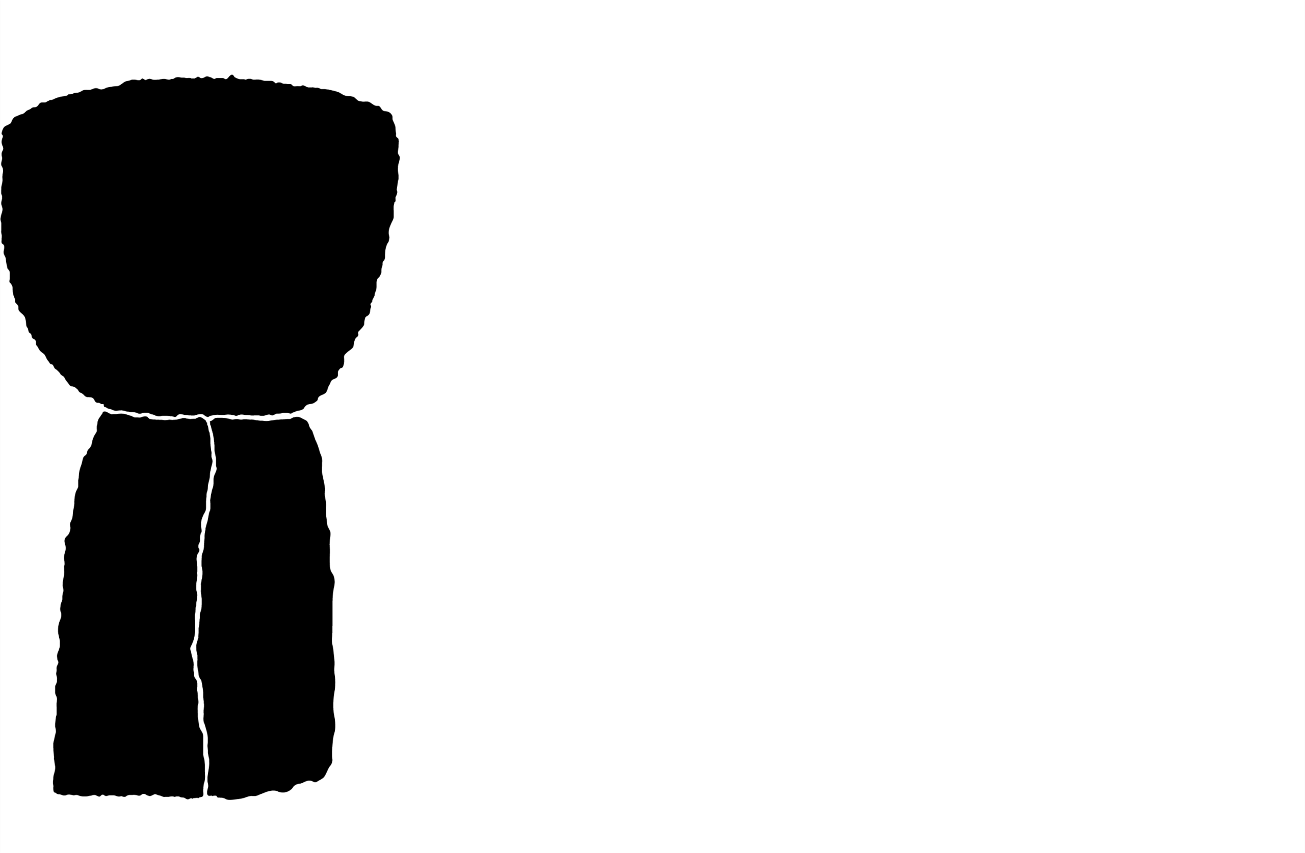 Black and white silhouette of a carved figure with a rounded head and a narrow, two part body.