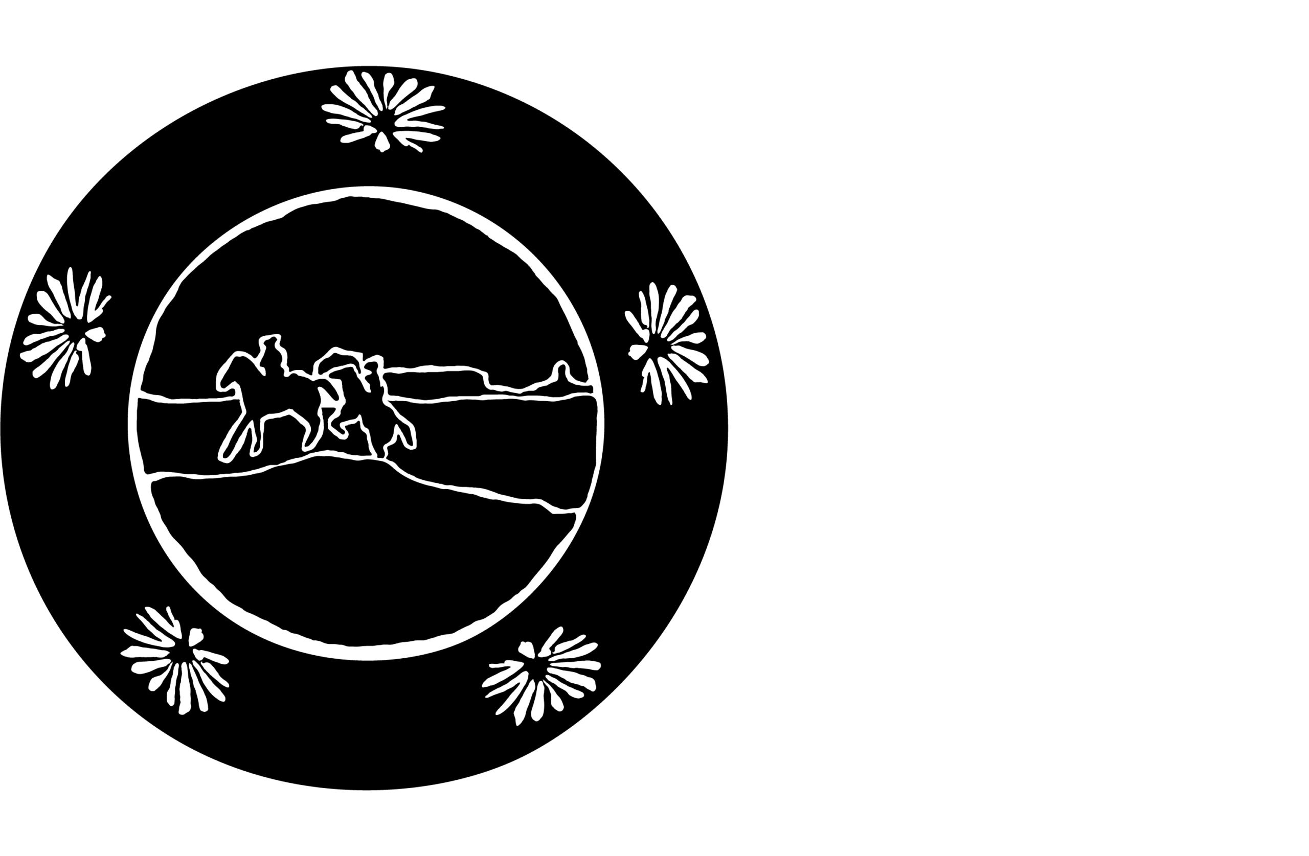 Black and white silhouette of a circular emblem or plate showing two horseback riders traveling across a desert landscape, framed by a thick border decorated with floral motifs.