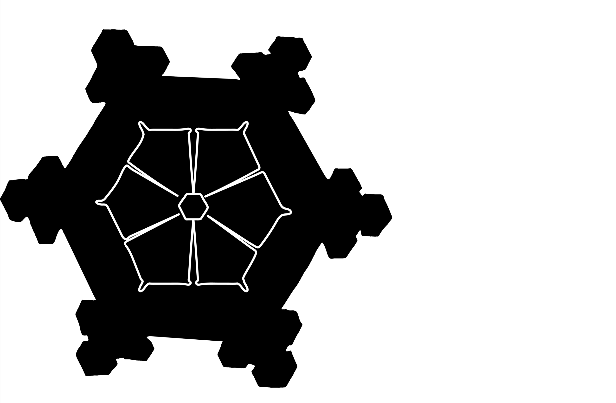 Black and white silhouette of a snowflake.