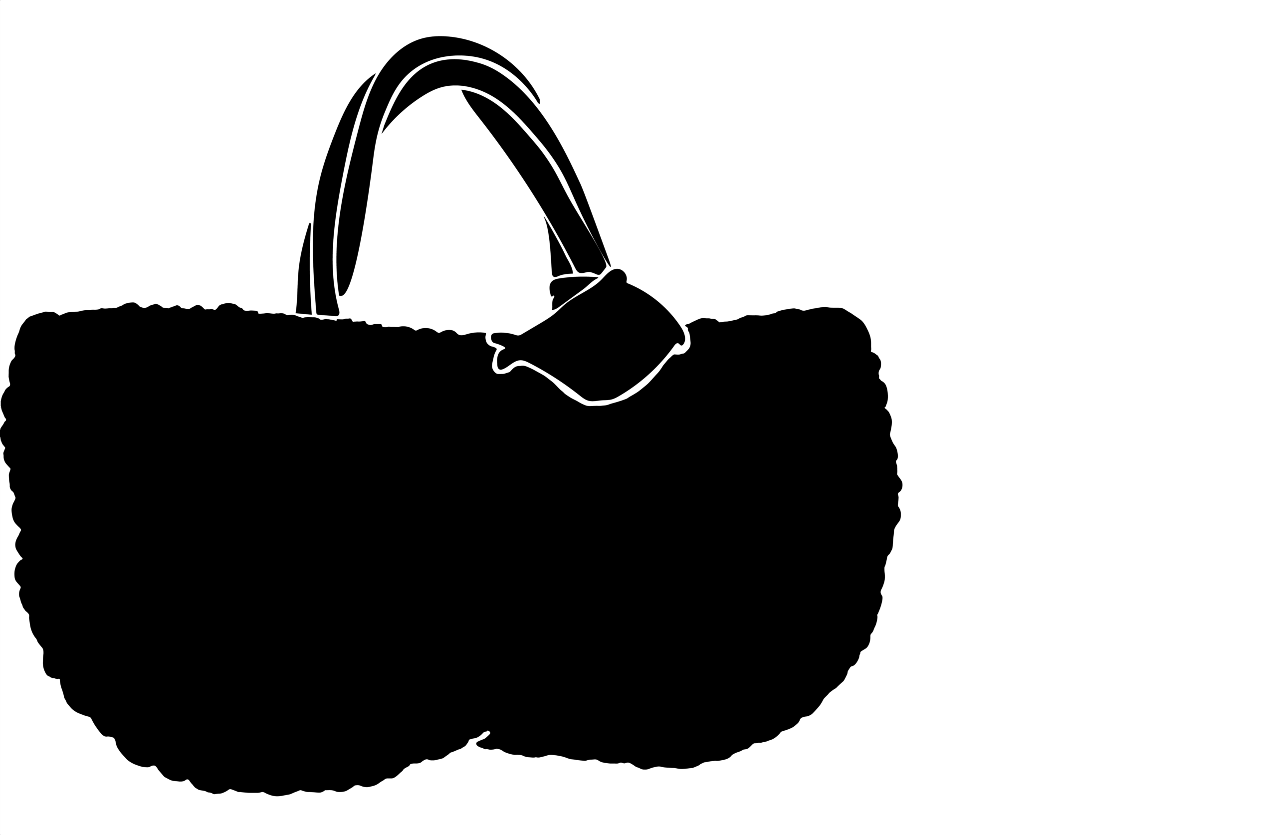Black silhouette of a woven basket with rounded sides and a single curved handle attached at the top.