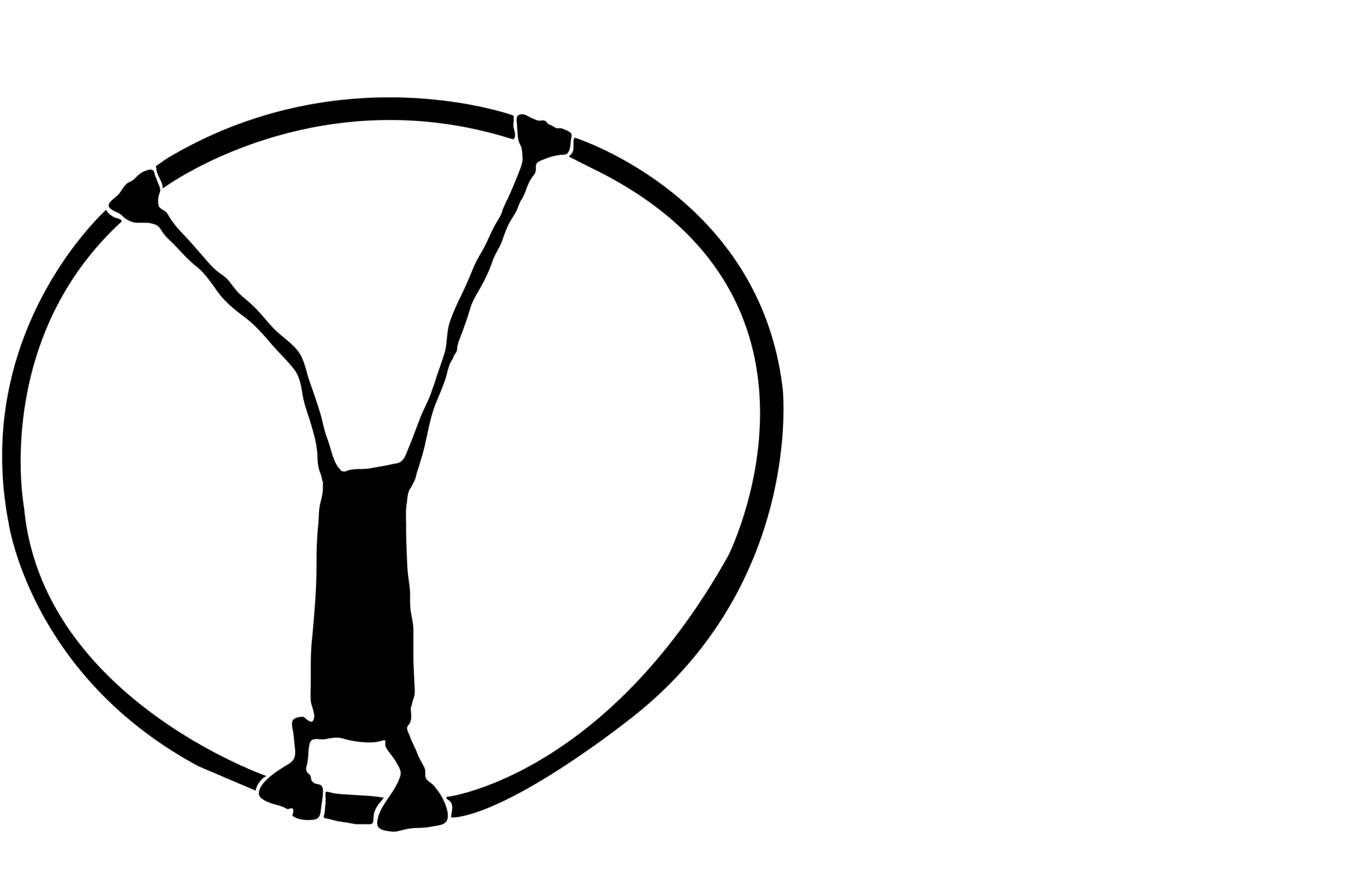 Black and white silhouette of a circular shape, that has two arched handles within the circle.