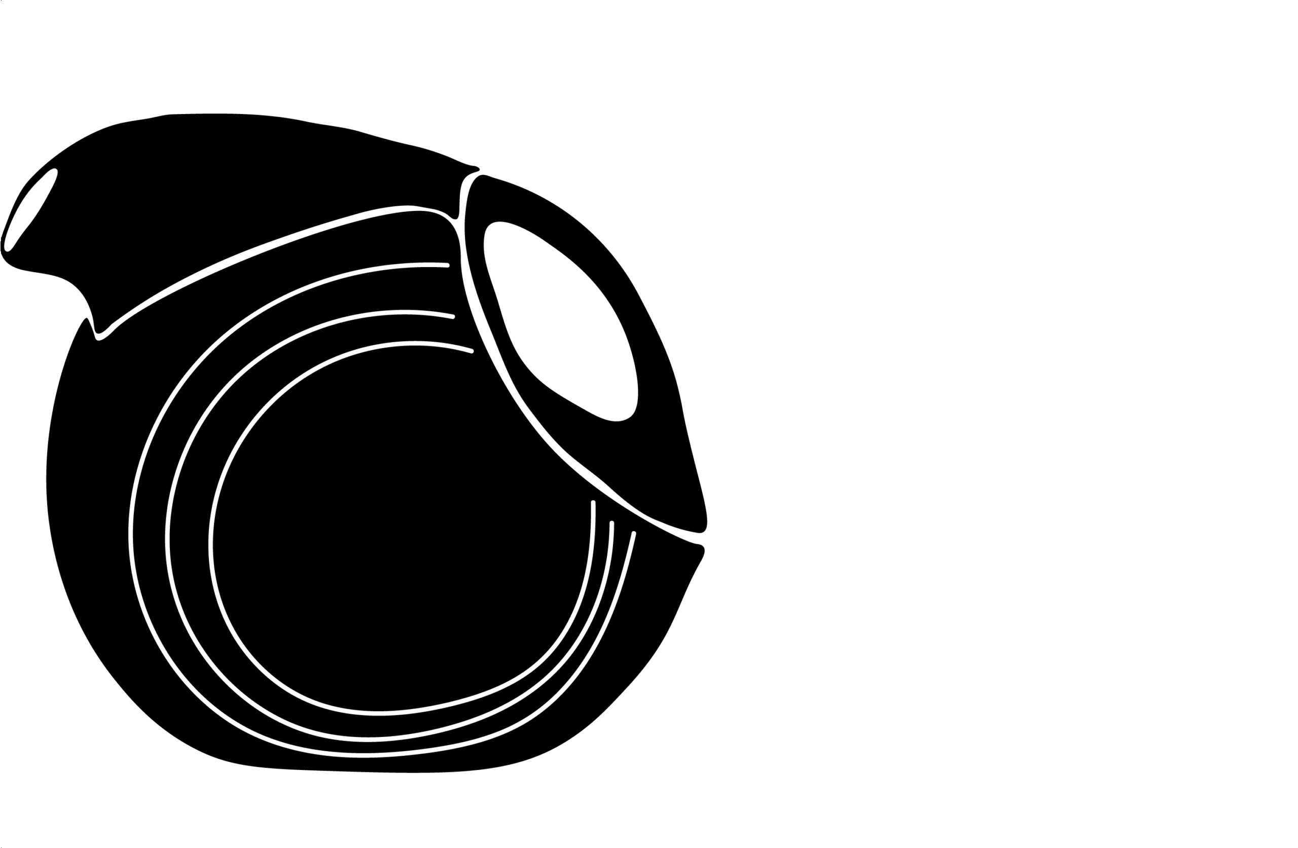 Black and white silhouette of a curved ceramic pitcher with a wide spout, rounded body, and oval handle opening, decorated with simple incised line details.