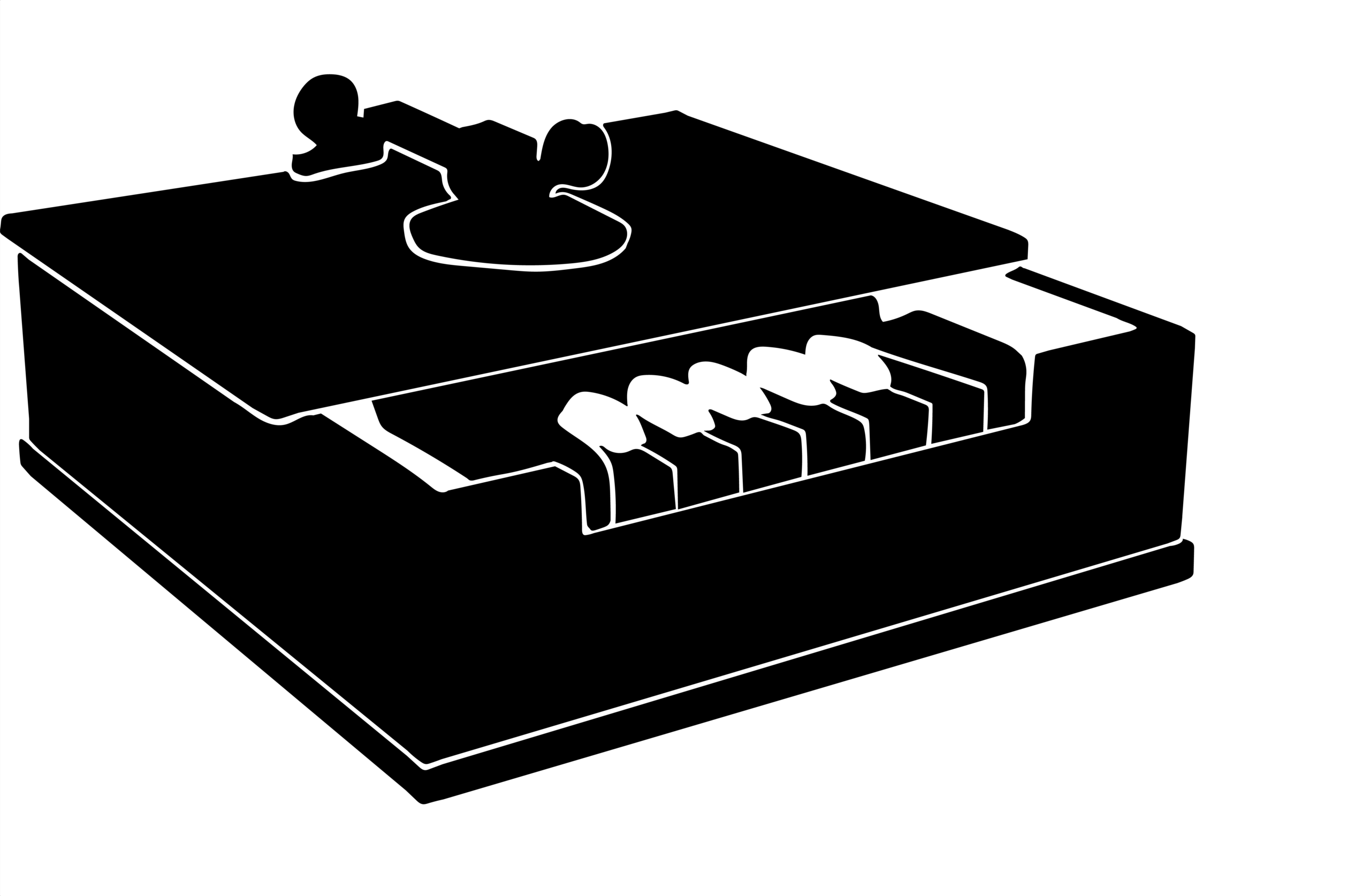 Black and white silhouette of a box shaped mechanical device with a hinged lid partially open, revealing a row of evenly spaces keys.