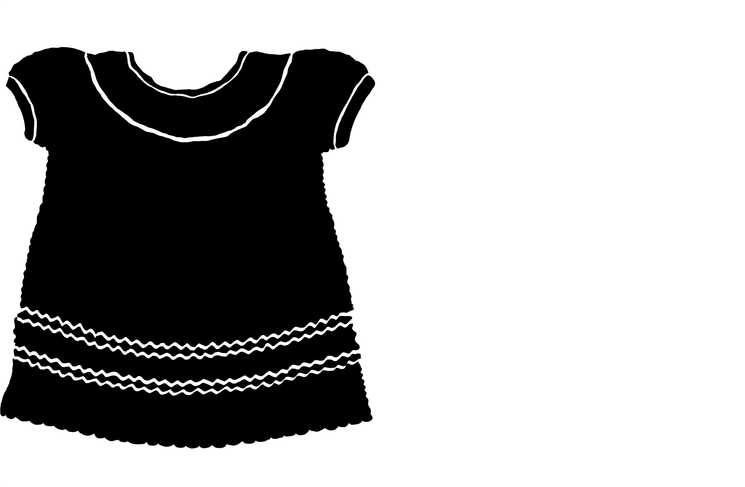 Black and white silhouette of a short sleeve dress with a rounded neckline and decorative zigzag bands near the hem.