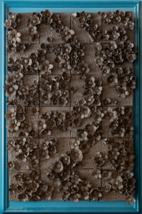 Brown tiles decorated with many three-dimensional reliefs of daisy-like flowers assembled against a teal frame.