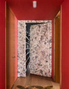 A coral-colored hallway featuring a seashell encrusted doorway, with the door ajar.
