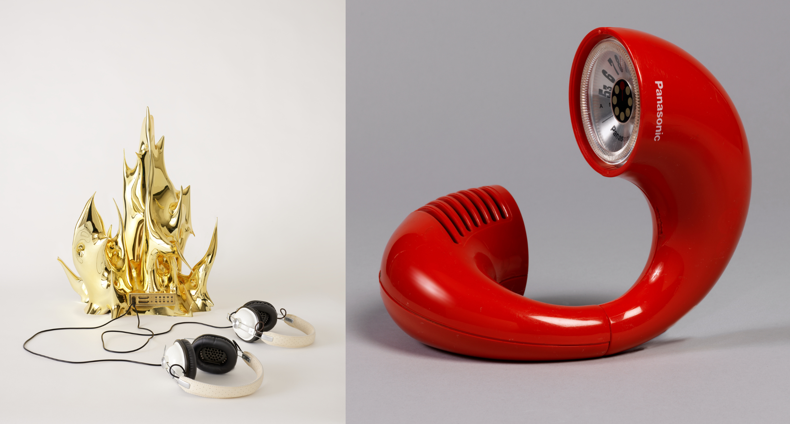 Two personal audio devices, the one on the left has golden flames attached to a pair of headphones and the right is circular and red