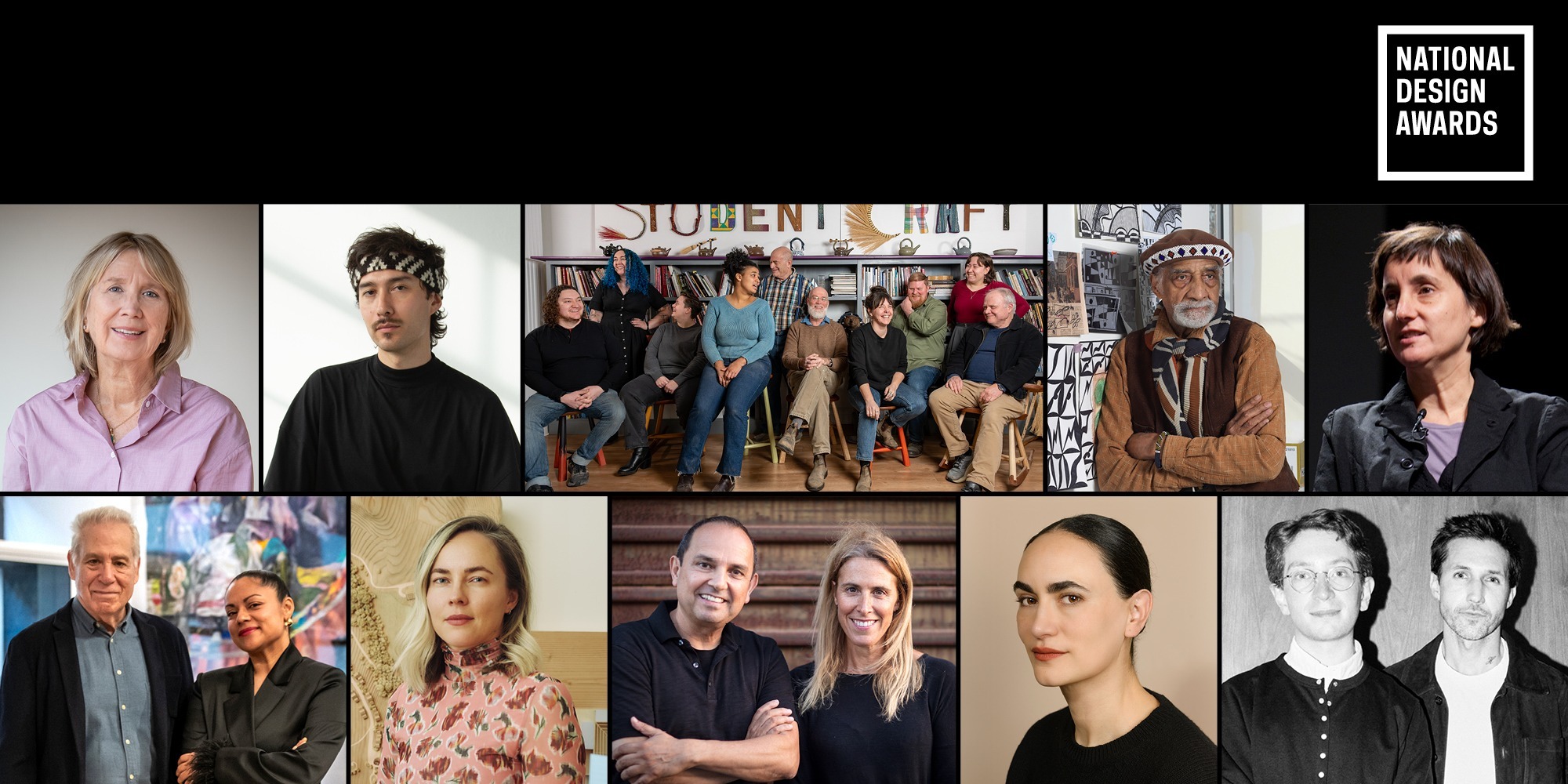 A collage of 10 images, two rows of five, featuring the headshots of the 2026 National Design Award winners.