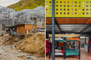 Interior of shared sleeping area with bunk beds, colorful bedding, and perforated metal railing above.