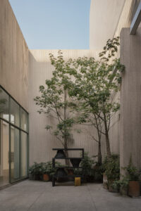 Concrete courtyard softly decorated with a few trees, a life-size sculpture, and many lush potted plants.