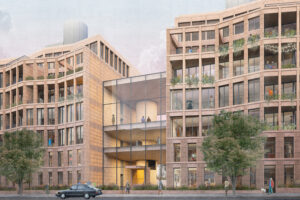 Modern multi-story building with glass atrium connecting two terraced structures on a city street