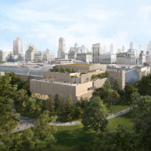 Rendering of a sand-colored, multi-story, multi-rectangular wing of The Met with elevated outdoor space.