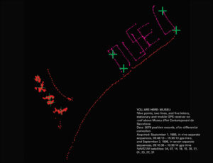 Black background with red dots making lines and shapes, pink dots make overlapping letters spelling “museo” with four green x’s