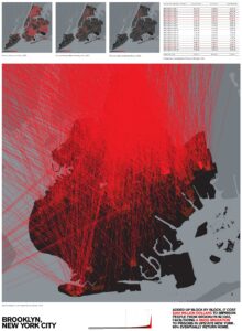 Black on grey map of Brooklyn with tons of bright red lines crossing and leaving the image.