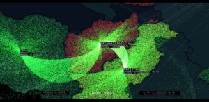 Dark map of Iran, Afghanistan, and Pakistan with bright green and red pixelated dots. Curves of dots connect the countries.