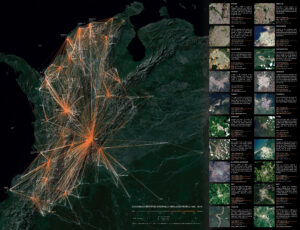 Dark topographic map of Colombia with orange lines connecting cities and two columns of thumbnails with descriptions on the right.