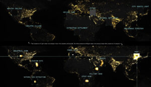 Two dark maps of the world with bright yellow dots representing areas with bright lights, and some written descriptions.
