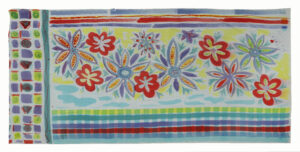 Rectangle with geometric borders of patterns, stripes, and checks, with large florals all in bright orange, green, blue, and yellow