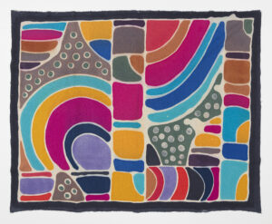 Vibrant abstract textile with curved shapes and bold color blocks in turquoise, pink, yellow, and orange.