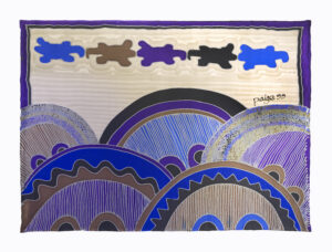 Rectangle of overlapping blue, black, brown, and purple half circles, top has a blue border and colored shapes on beige