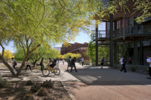 Outdoor campus space with tree-lined walkways, desert fauna, sleekly modern buildings, and pedestrians.